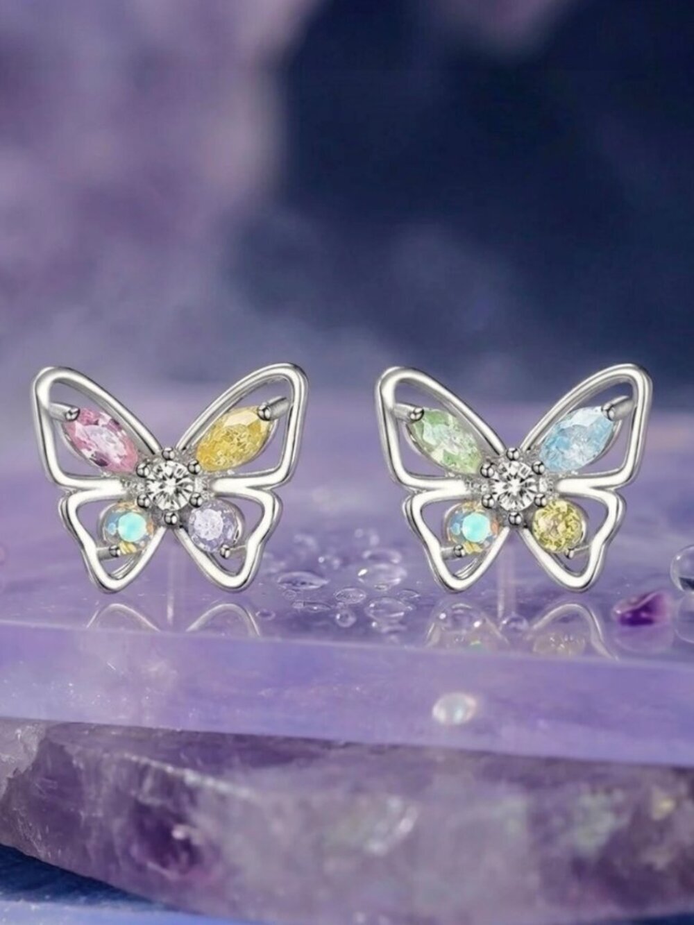 925 Sterling Silver Multicolor CZ Butterfly Stud Earrings Pastel 0.27"